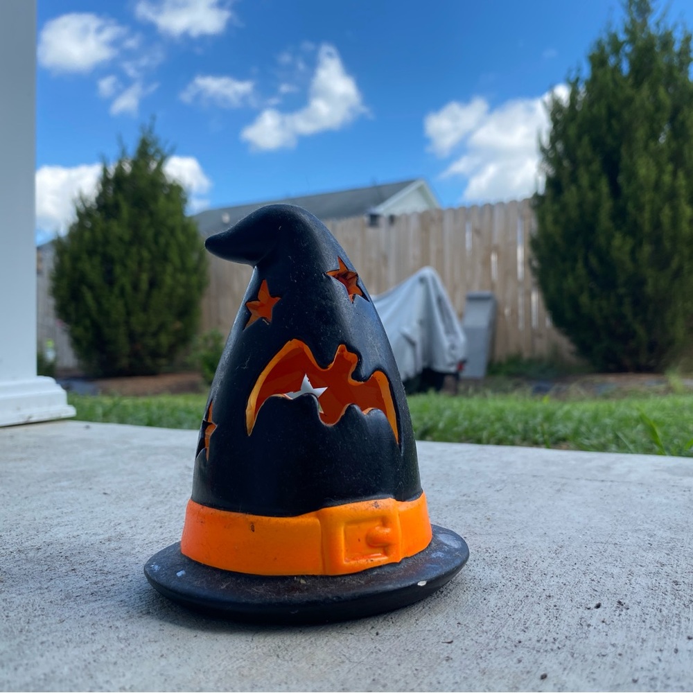 Vintage Bat Witch Hat Black Orange Painted Tea light Candle Holder